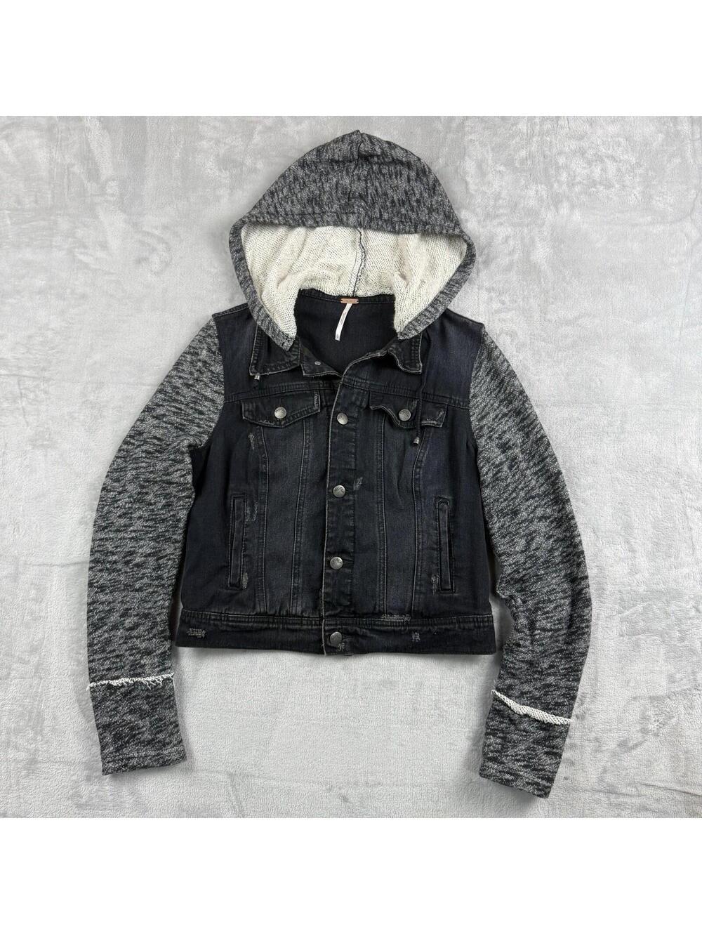 Free People Hooded Denim Jacket Women's S Knit Sleeve Hooded Trucker Boho Layerd